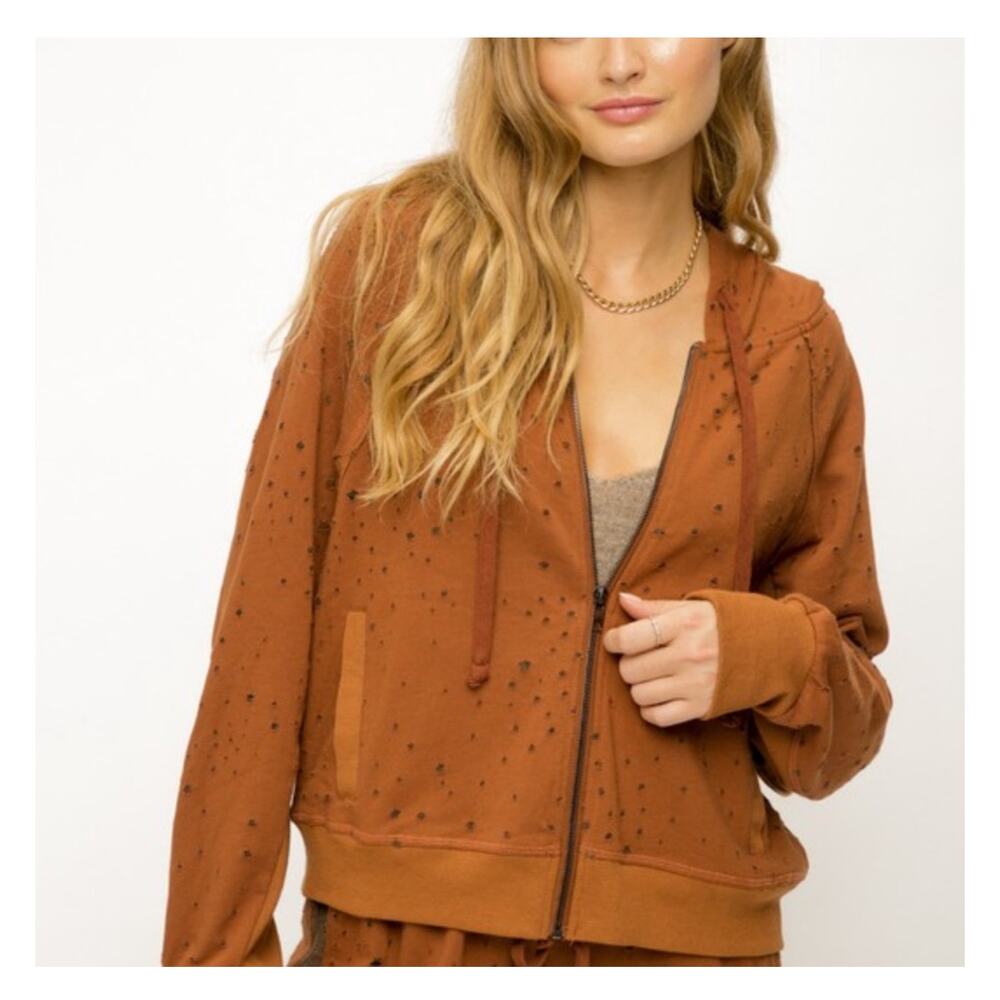K280 Burnt Orange Distressed Women’s Hoodie Full Zip Jacket IN Various Sizes NWT